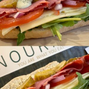 Ham, Cheese, Mustard Mayo, Tomato, Rocket, Red Onion Baguette